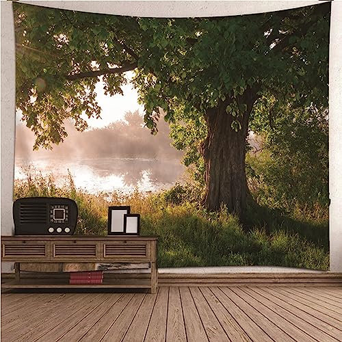 Wandtuch Grün Muster, Wandbehang Stoff Baum und See Wandteppich Deko Wohnzimmer Wand 150x150cm