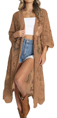 Bsubseach Women Mesh Cardigan Lace Beach Kimono Open Front Swimsuit Cover Ups Bikini Swimwear Brown