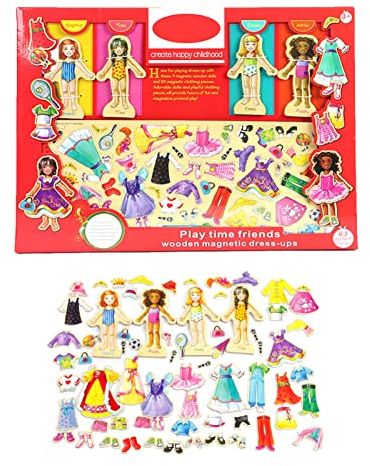 Huasean Hölzerne Anziehpuppe, Magnetische Doppelseitige Holzpuppe Mit 63 Aufklebern Und 4 Holzpuppen, Kreatives Rollenspiel, Sicheres Süßes Anziehpuzzlespielzeug