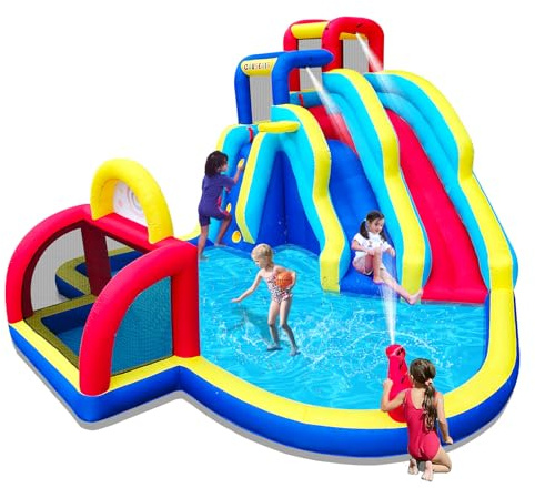 Causeair Inflatable Double Water Slide with Soccer Goal,Big Splash Pool,Water Cannon,Basketball Hoop,Fun Climb Wall,GFCI Blower,Bounce Slide for Party Fun