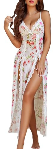 Avidlove Women Sexy Lingerie Floral Lace Babydoll Chemise Nightwear V Neck NIghtgown High Slit Maxi Long Nightdress