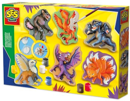 SES Creative 01404 Gips Gießen Bastelset Fabelwesen-Set, Kreativkit für Kinder, Diverse Farben