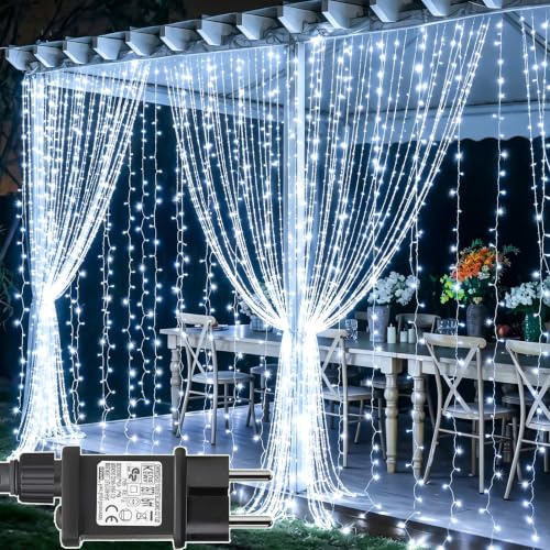 Joycome 2 Pezzi Tenda Luminosa Esterno, 6x3m 600 LED Cascata Luci con Spina, 8 Modalità Luci a Tenda per Esterno, Impermeabile Catene Luminose per Finestra Giardino Balcone Soffitto - Bianco