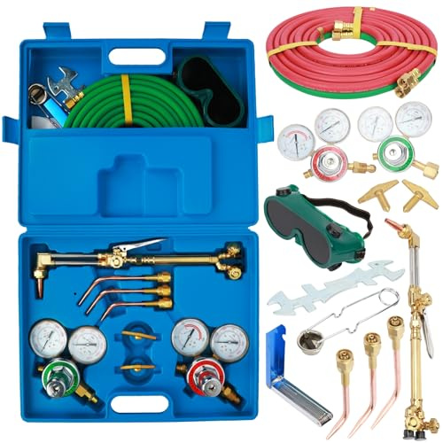 Kit de torche de soudage avec buse en laiton avec boîte à outils, régulateurs d'oxygène, acétylène, lampe torche portable Oxy Acétylène Bleu