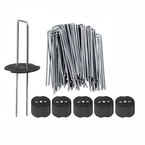 LSRVNM Grapas para Césped Artificial, 50 Grapas de Jardín + 50 Arandelas, Anclaje de Tierra para Malla Antihierbas, Valla y Red, Clavos de Acero Inoxidable Galvanizados (10x4cm/φ2,2mm)
