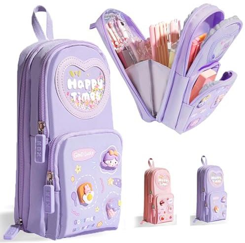 Lila Rucksack Federmäppchen mit 3 Fächern, Mäppchen Mädchen mit Niedlicher Anhänger, Bleistiftbox, Federmappe, Federtaschen, Schreibwarenbeutel, Schule Teenager Geschenk, Große Kapazität Pencil Case