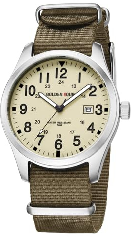 GOLDEN HOUR Men's Nylon Slip-Thru Strap Watch with Military Time Easy Read Dial Glowing Hands in Silver Yellow