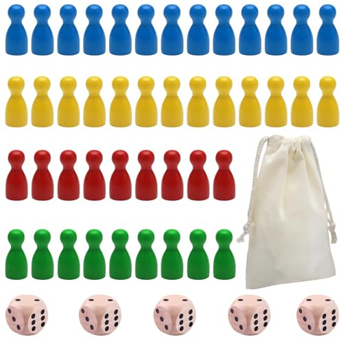 GUOYOU 80 Pcs Wooden Pawns Board Game Pieces Multicolor Pawns Board | Game Pawns with 5 Dice, 1 Drawstring Cotton Bag for Tabletop Markers Playing Chess Flight Chess and Other Gaming Accessories