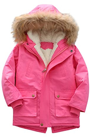 Giacca invernale foderata in pile per bambini impermeabile antivento spessa capispalla trapuntata con cappuccio per bambini piumino caldo tinta unita per adolescenti, Rosa acceso, 6-7 Years
