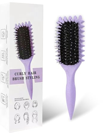 Cepillo para Rizos con Cerdas de Nylon | Moldeador y Definicón de Rizos sin Tirón | Peina y Da Forma Cabello Rizado Hombre/Mujer | Potencia Rizos Naturales (Morado, 24 cm)