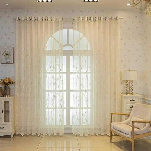 Wycian Gardine Querbehang Oben Ösenvorhang Creme Beige Voile 2er Pack mit Weizenährenmuster H138 x B96 cm (2er Pack) Polyester