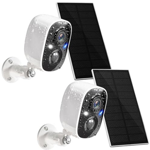 GMK Solar Security Cameras Wireless Outdoor, with Solar Panel 2K Color Night Vision Motion Detection 2-Way Talk Battery Powered WiFi Home Indoor Camera IP65 Weatherproof Cloud/SD Storage 2-Pack