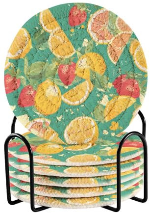 Green Fresh Fruits Summer Absorbent Drink Coasters Set with Holder 6 Pack Coasters for Coffee Table House Bar Accessories
