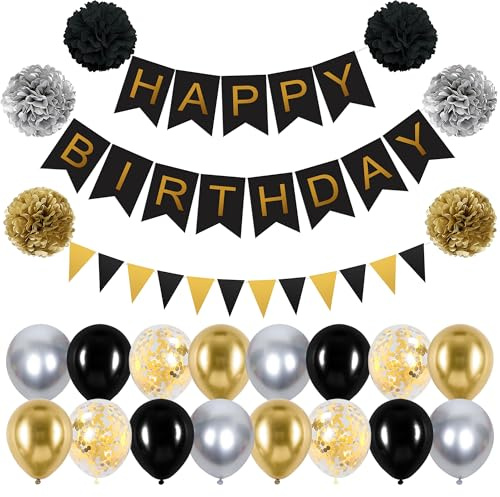 Luftballons Geburtstag Dekoration, Schwarz Gold Geburtstagsdeko, Happy Birthday Deko Banner, Pompons, Dreieck Flagge, Luftballons Konfetti Ballons für Geburtstagsdeko Männer Frau