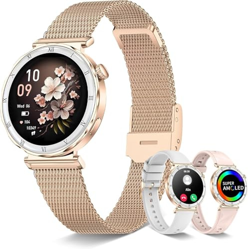 Smartwatch Damen Rund 1,19' AMOLED Smart Watch mit Telefonfunktion, Schrittzähler, Herzfrequenz SpO2 Schlafmonitoring, 120+ Sportuhr Fitnessuhr, IP68-Wasserdicht für iOS Android, Roségold/Geschenk