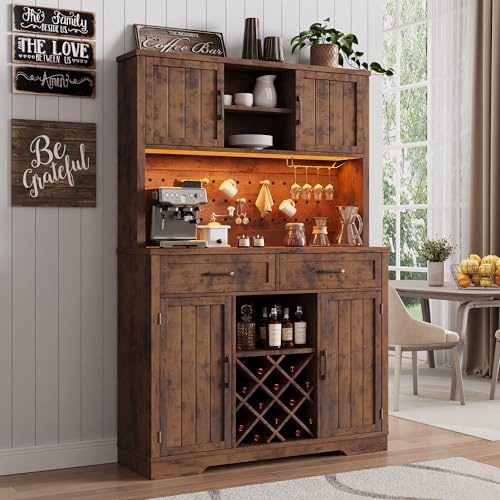72 Coffee Bar Cabinet with Power Outlet & LED Light, Farmhouse Large Kitchen Hutch with Sliding Barn Door, Tall Bar Cabinets with Storage Drawers & Wine Glass Rack,Pantry China Cabinet,Vintage Brown