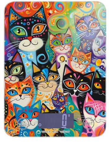 Colorful Cats - Bilancia digitale da cucina, facile da pulire, 5 kg/5 g, piccola bilancia digitale con 4 unità per cucinare sapone e preparare i pasti (batterie non incluse)