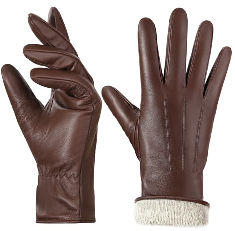 BISON DENIM gants en cuir pour femmes - Doublure en cachemire, compatibles avec écran tactile et gants d'hiver, marron, XL