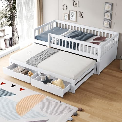 Cama infantil, cama de invitados, sofá cama de madera maciza, 90 x 200 cm, rejilla de seguridad totalmente revestida, cama extensible con 2 cajones debajo, con somier (blanco)