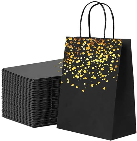 24 Stück Geschenktüten Klein - Geschenktüten 24 Stück 21×15×8cm, Papiertüten mit Henkel Schwarz Bronzing Geschenktütens mit Gold Herzmuster Papiertüten für Hochzeit, Geburtstag, Weihnachtstag Schwarz