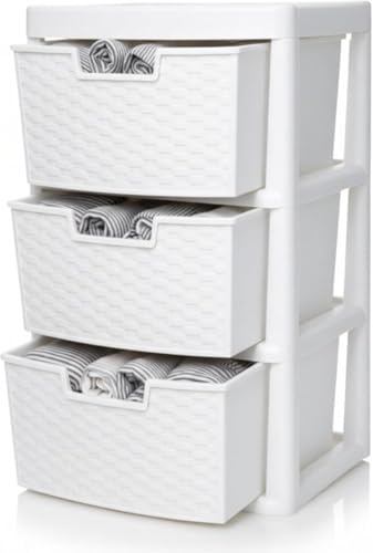 KYY'Z Large Drawer Storage Unit Tower Rattan Effect Large Organizer Chest Tower Unit Cabinet Trolley Home Bedroom Kitchen Office School Garage 39 (D) x 39 (W) x 62 (H) cm (White, 3 Tier)