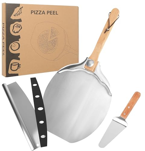 ZHABAYEN 12 Inch Aluminum Pizza Peel with Foldable Wooden Handle | With Pizza Cutter Rocker & Stainless Steel Spade, Easy Clean, with Hanging Loop, for Pizzas, Pastries, Dough, Bread, Cakes