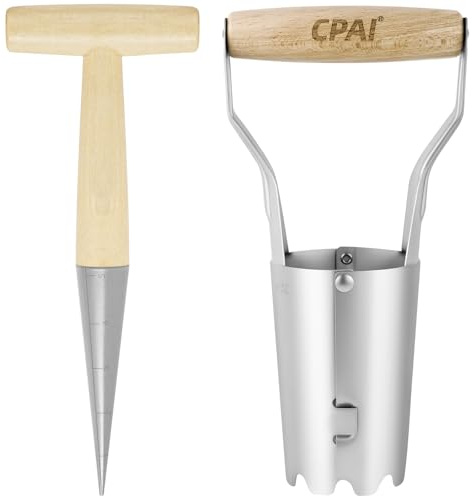 APXEL 2er Set Blumenzwiebelpflanzer, Zwiebelpflanzer Pflanzholz Werkzeuge mit T-Griff, Pflanzlocher mit Tiefenmessung, Pflanzhilfe für Blumenzwiebein Pikierstab Gartengeräte
