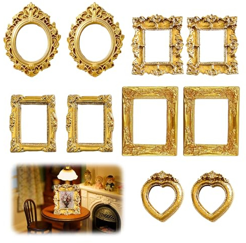 KERYBW Mini cornici vintage in resina, 10 pezzi dorate barocco, per foto in rilievo, decorazione da parete, custodia per telefono fai da te