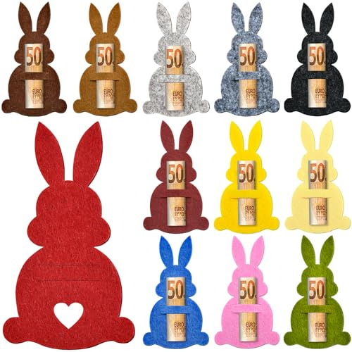 Ostern Geldgeschenke Verpackung Filz, 12 Stück Verpackung für Geldgeschenke Osterhasen Filzdekorationen, Geldverpackung Ostern Geschenk Lustige Osterdekoration Ostergeschenke Geld Geschenkverpackung