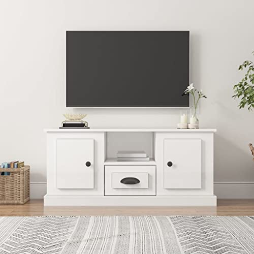 Hoopleep High Gloss White TV Cabinet, Durable Engineered Wood Media Console, 100x35.5x45 cm Living Room TV Stand with Ample Storage for DVDs, Magazines, & Decor