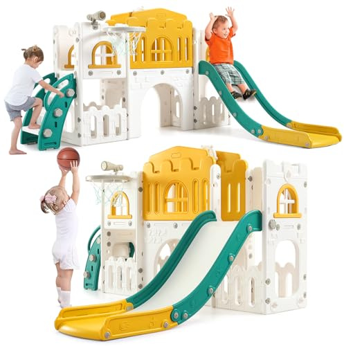 Aptliton 8-in-1 Toddler Slide Playset,Freestanding Indoor Outdoor Playground with Slide,Climber,Tunnel,Basketball Hoop and Toy Storage,Activity Playset for Toddlers Ages 1–3,Yellow Green