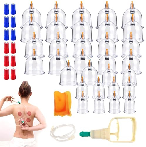 Ventosas con bomba de vacío, juego de 32 ventosas, dispositivo de ventosa, contra la tensión y la celulitis, para una relajación muscular eficaz y alivio del dolor