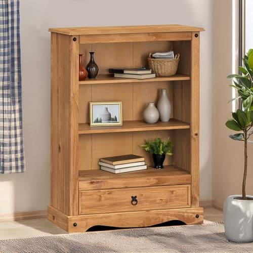 Corona Furniture Corona 1 Drawer Bookcase Solid Wood Pine Wooden Mexican Style Small Low Open Display Shelves Shelving Office Living Room Dining Kitchen 110cm High 81cm Wide 30cm Deep