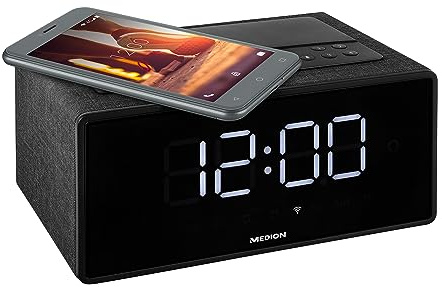MEDION P66970 WLAN Weckstation mit Amazon Alexa (Wecker, Qi Ladefunktion, großem Display, 2 Weckzeiten, Schlummerfunktion Snooze, DLNA, Party-Mode)