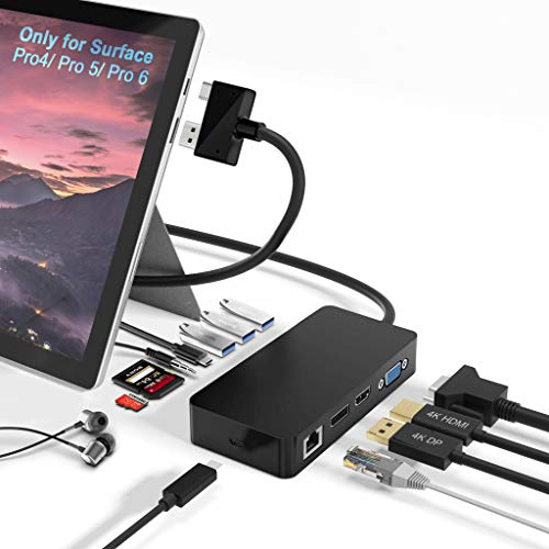 Surface Pro Dock für Surface Pro 4/Pro 5/Pro 6 Docking Station mit Gigabit Ethernet, 4K HDMI VGA DP Display, 3xUSB 3.0, Audio Out, USB C, SD/TF Kartensteckplatz Combo Dock nur für Surface Pro 4/5/6