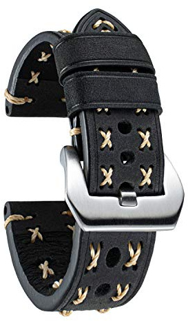 BINLUN Tjockt läderarmband för män 20mm 22mm 24mm 26mm handgjord sydd tråd läder klockarmband för kvinnor svart grön grå brun orange ersättning sportklocka band med rostfritt stål lås