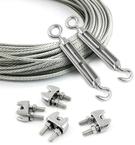 DQ-PP STAHLSEIL SET | 5mm | 200m | 4 x Seilklemmen 5mm | 2 x Spannschloss M5 Haken – Öse | Edelstahl INOX | 7x7 mittelweich | Drahtseil für Rankhilfe Rostfrei Seil Stahl Draht Forstseil Windenseil
