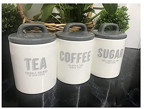 MND Dealings® New Retro Grey Set Of 3 Style Ceramic Canisters/Jars for the Kitchen Counter Jars, Food Storage Sets for Tea, Sugar, Coffee with Air Tight Lids -(Grey/White)