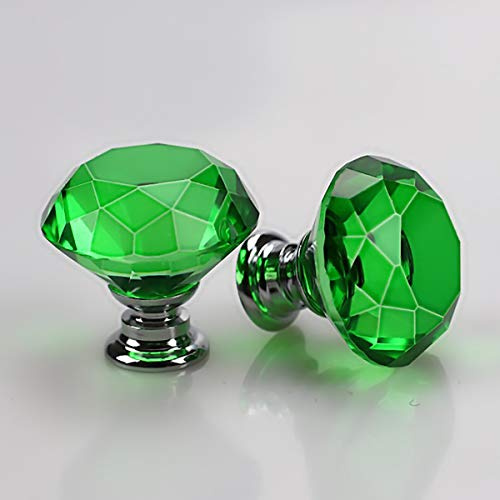 2PCS 40mm Crystal Glass Door Knobs Clear Diamond Pull Handle Aluminium Alloy with Screw for Drawer Cabinet Furniture Kitchen Home Decorating (Green)