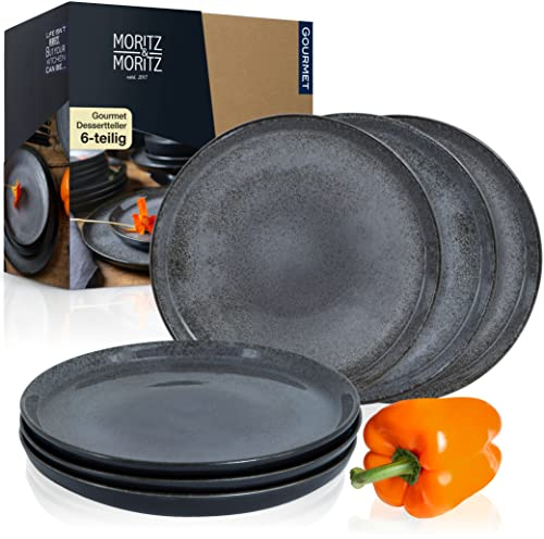 Moritz & Moritz VIDA Dessert Plates Set of 6 - Anthracite Porcelain Plates for 6 - Ø 20cm Plates for Breakfast, Desserts and Everyday Use - Microwave & Dishwasher Safe, Stylish and Durable