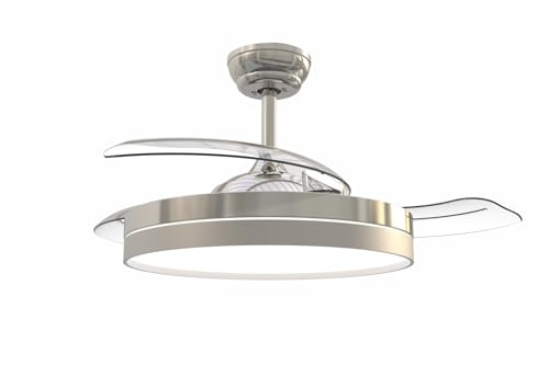Bastilipo - Estoril Niquel - Ventilador de techo con luz LED - 4 Palas retráctiles con mando a distancia - Audio Bluetooth - Ventiladores de techo con luz y 105 cm de diámetro
