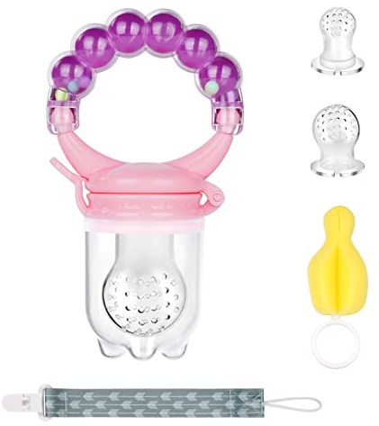 Vicloon Chupete Fruta Bebé,Alimentador Antiahogo de Fruta para Bebés,Chupete con Clip y 2 Tetinas de Silicona y Cepillo Limpiador para Bebés