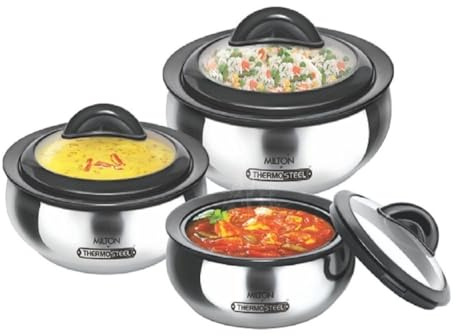 Milton Clarion Jr Stainless Steel Gift Set Casserole with Glass Lid, Set of 3,Steelplain