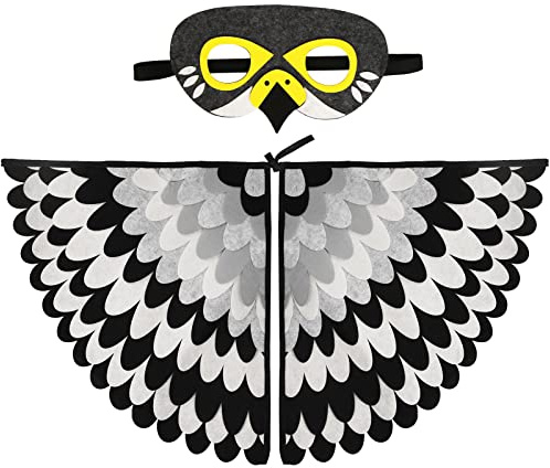 Aurasky Vogelflügel Kostüm Umhang Kinder, Vogelkostümkinder Eulen Kostüm mit Filzaugen Maske, Kostüm Vogeleule Vogel Papagei Geschenk für Jungen Mädchen Halloween Karneval Cosplay Party（Schwarz weiß