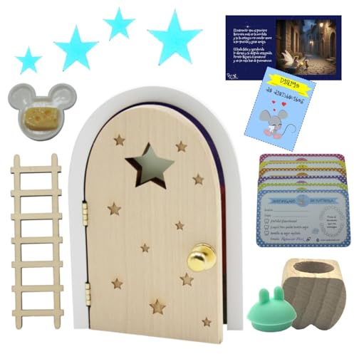 Qué Kawaii® ORIGINAL Kit ratoncito Pérez MÁGICO. Puerta NATURAL de ABETO QUE ABRE Y BRILLA EN LA OSCURIDAD!!!.. + caja guarda dientes de haya+complentos+certificados. GRATIS CUENTO + DIARIO