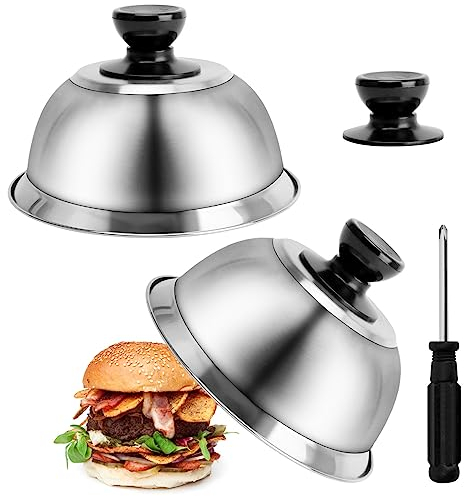 Ticeed 2 Set Burgercover Edelstahl Burgerhauben Burgerglocken Burger Cloche Glocke Set Abdeckhaube mit 3 Handhaben Schmelzglocke Burger Cover für Cheeseburger Barbecue Steak (16 x 10 cm)