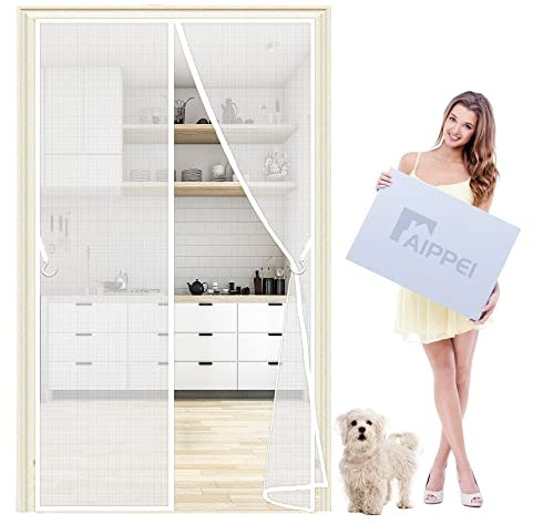 Moustiquaire Porte Magnétique Moustiquaire sur Mesure de Porte, 225x185 cm Rideau de Porte Antimoustique, Laisse Passer l'Air Frais et Bloque la Fumée, Kit d'installation Complet Portes, Blanc P