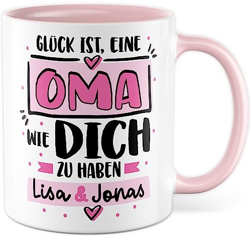 Tasse Oma personalisiertes Geschenk, Glück ist, eine Oma wie dich zu haben, Name & Name - Kaffeetasse mit Spruch für Muttertag und Großmutter, Enkelin