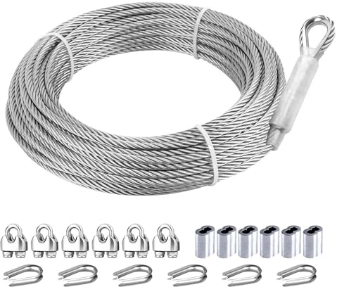 5mm Stainless Steel Wire Rope, 30M Heavy Duty Steel Cable Kit with Loops, Clips & Thimble Steel Wire Cable for Zipline, Deck Railing, Boat Lifts