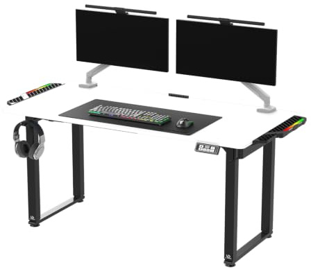 Ultradesk Uplift V2 Scrivania Rialzabile per Giocatori Tavolo da Gioco con Struttura in Acciaio Spazio per Tre Monitor Regolazione Elettrica dell'Altezza LED RGB Accessori Inclusi, 176 x 75 cm Bianco